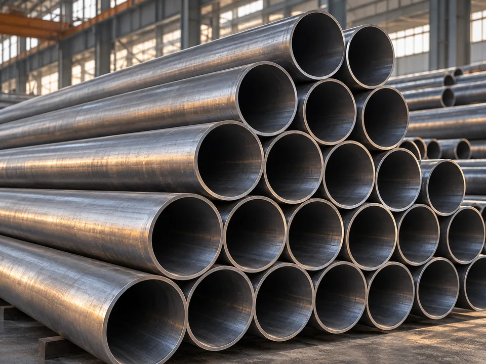 Illustrative stacked industrial steel pipes