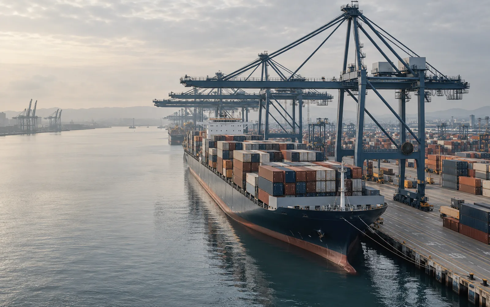 Illustrative international container port with cargo ship and gantry cranes